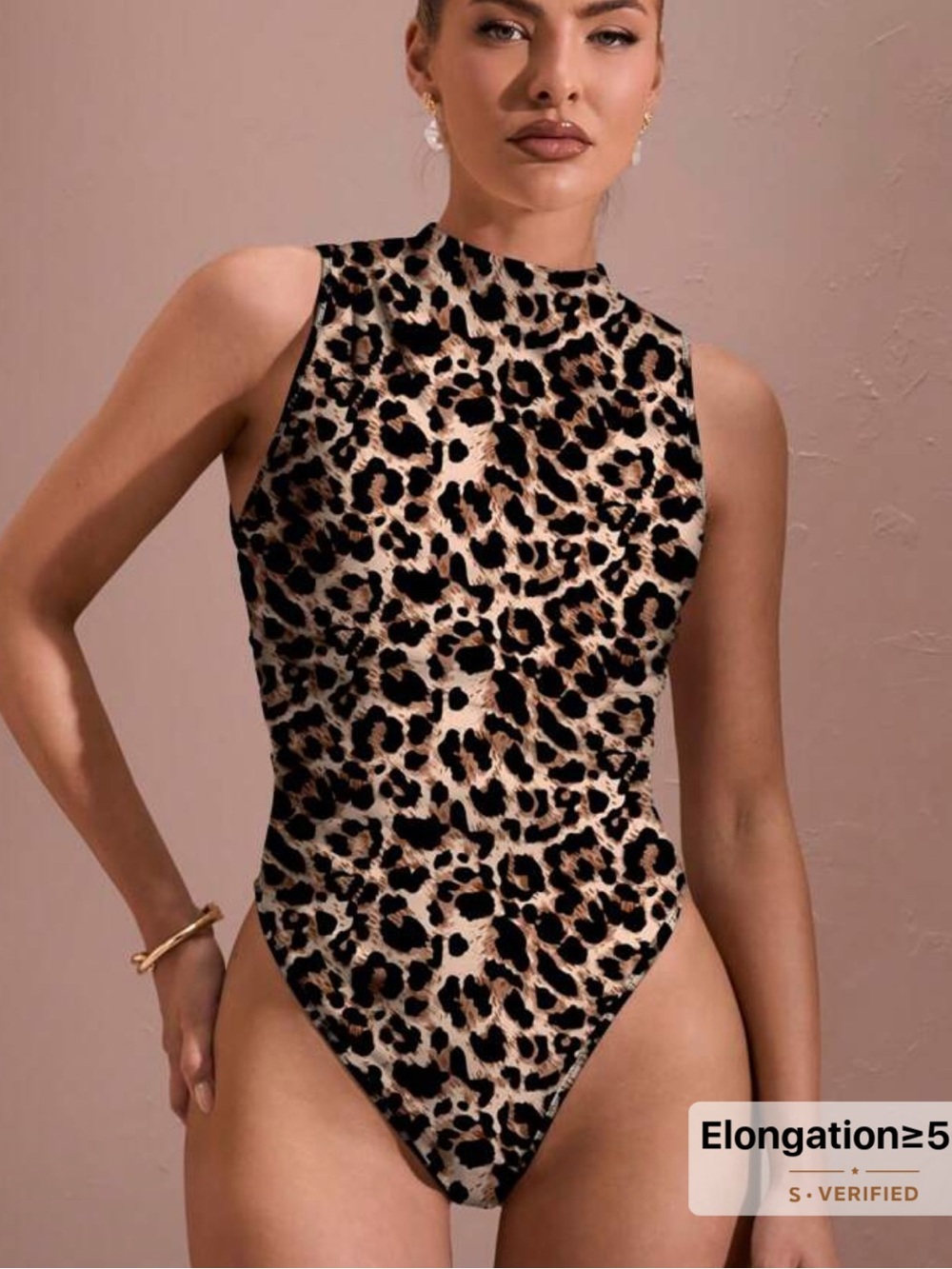 High Neck Leopard Print Bodysuit in Beige & Black
